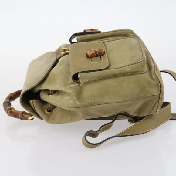 GUCCI Bamboo Backpack Suede Khaki Gold - Picture 3 of 15